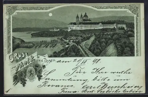 Mondschein-Lithographie Melk a. d. Donau, Ortsansicht mit Stift