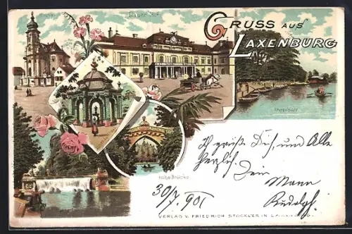 Lithographie Laxenburg, Hohe Brücke, Gasthaus Blauer Hof, Grünes Lusthaus, Stappelplatz