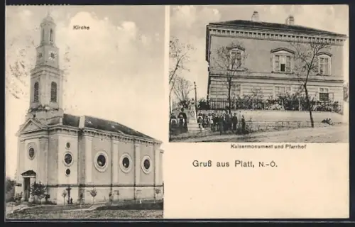 AK Zellerndorf /N.-Ö., Gruss aus Platt, Kirche, Kaisermonument, Pfarrhof
