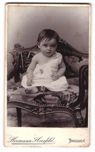 Fotografie Hermann Herzfeld, Dresden, Altsstadt, Kind auf kunstvollem Stuhl