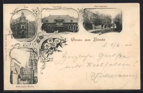 AK Bünde, Gartenstrasse, Post, Turnhalle und Katholische Kirche