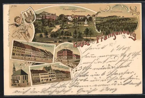 Lithographie Frankenberg / Sachsen, Friedenspark u. Siegesdenkmal, Marktplatz, Realschule