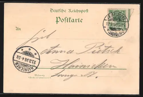 Lithographie Frankenberg / Sachsen, Friedenspark u. Siegesdenkmal, Marktplatz, Realschule