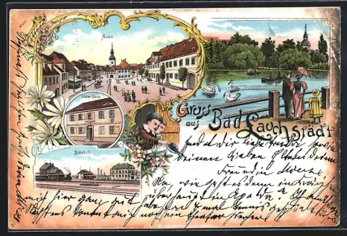 Lithographie Bad Lauchstädt, Markt, Schiller-Haus, Bahnhof