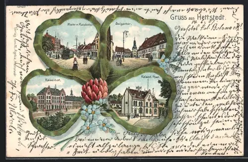 Passepartout-Lithographie Hettstedt / Südharz, Markt m. Ratskeller, Saigertor, Kaiserhof und Post im Kleeblatt