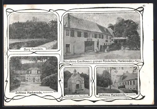 AK Harkerode a. Harz, Nüssleins Gasthaus z. grünen Röckchen, Schloss, Burg Arnstein u.a.