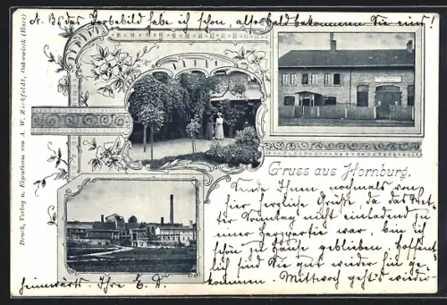 AK Hornburg / Harz, Fabrikgelände, Gartenpartie und Geschäft