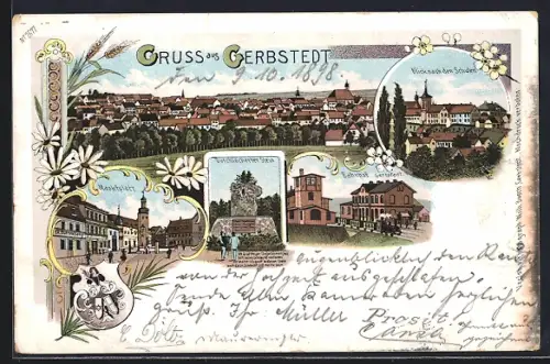 Lithographie Gerbstedt, Marktplatz, Bahnhof, Blick nach den Schulen u. a.