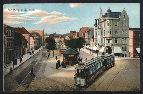 AK Hamburg-Harburg, Strassenbahn auf der Strasse am Sand mit Berlitz-School
