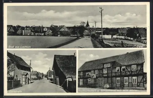 AK Lochtum, Gasthaus u. Schlachterei von Witti Müller, Dorfstrasse und Gesamtansicht