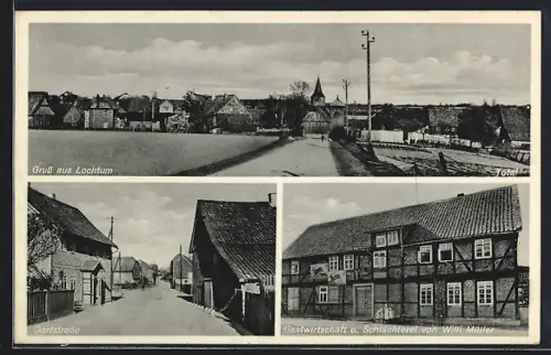 AK Lochtum, Gasthaus u. Schlachterei von Witti Müller, Dorfstrasse und Gesamtansicht
