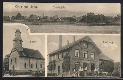 AK Upen, Molkerei, Kirche und Totalansicht