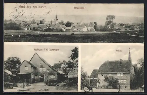 AK Mackensen, Kaufhaus F.H. Peinemann, Schule und Gesamtansicht