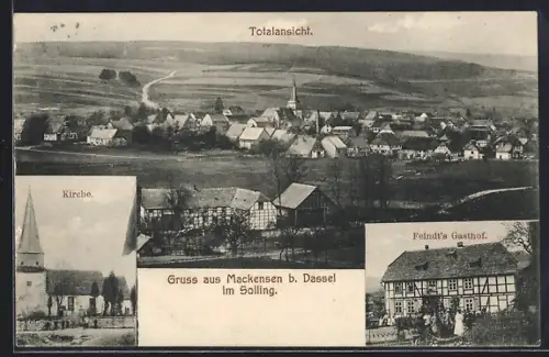 AK Mackensen / Solling, Gasthof Feindt's, Kirche, Totalansicht