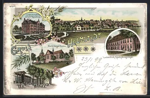 Lithographie Helmstedt, Landwirtschaftliche Schule Marienberg, Marienberger Kirche und Bad