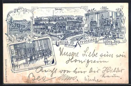 Lithographie Kreiensen, Bahnhofs-Restaurant Ludwig Berg, Buffet, Speisesaal, Bahnhof