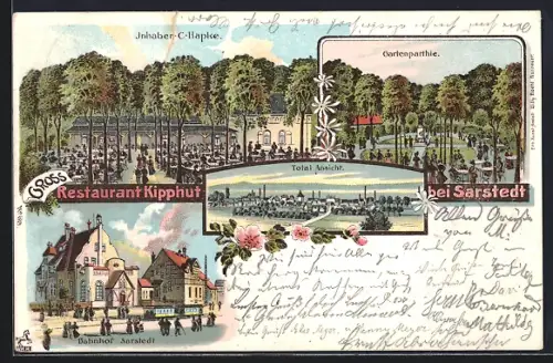 Lithographie Sarstedt, Restaurant Kipphut, Bes. C. Hapke, Bahnhof, Gartenpartie