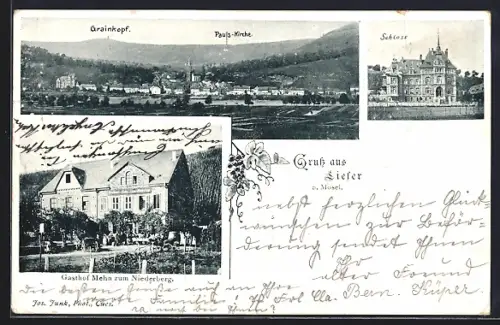 AK Lieser a. Mosel, Gasthof Mehn zum Niederberg, Grainkopf, Pauls-Kirche und Schloss