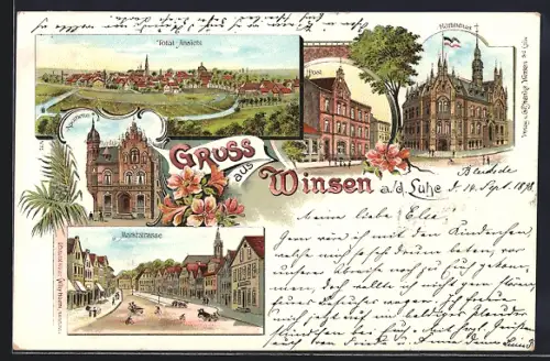 Lithographie Winsen a. d. Luhe, Marktstrasse, Rathaus, Post und Totalansicht