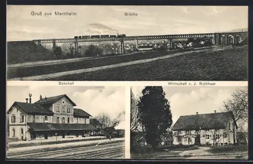 AK Marnheim, Gasthof von J. Rothhaar, Bahnhof von der Gleisseite