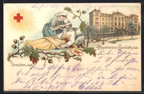 Lithographie Dresden, Abertverein Carolahaus mit Krankenschwester und Versehrtem