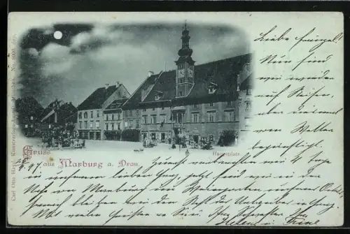Mondschein-AK Marburg a. Drau, Hauptplatz mit Geschäften