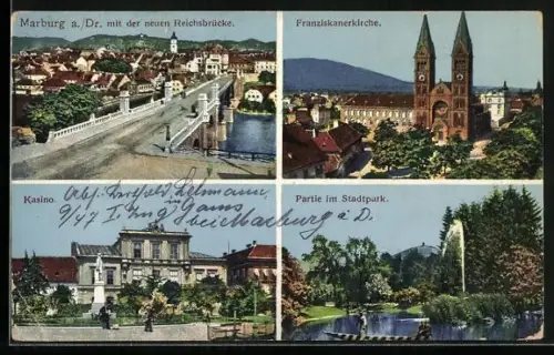 AK Marburg a. Dr., Kasino, Franziskanerkirche, Stadtpark, Neue Reichsbrücke