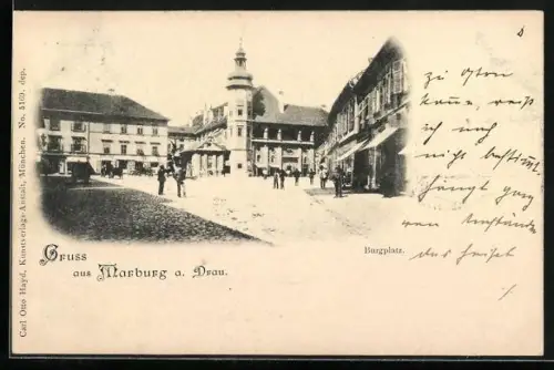 AK Marburg a. Drau, Passanten am Burgplatz