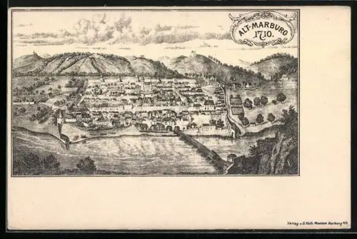 Künstler-AK Marburg, Ortsansicht anno 1710