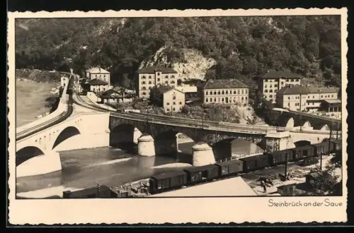AK Steinbrück an der Save, Bahnhof, Ortsansicht aus der Vogelschau