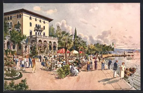 AK Abbazia, Caffe Principe Umberto, Gäste vor dem Cafe am Meer