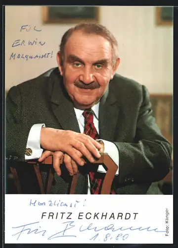 AK Fritz Eckhardt lächelt, Autograph, 1980