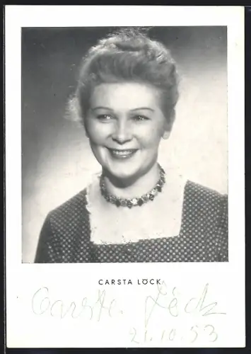 AK Carsta Löck mit Halskette, Autograph, 1953