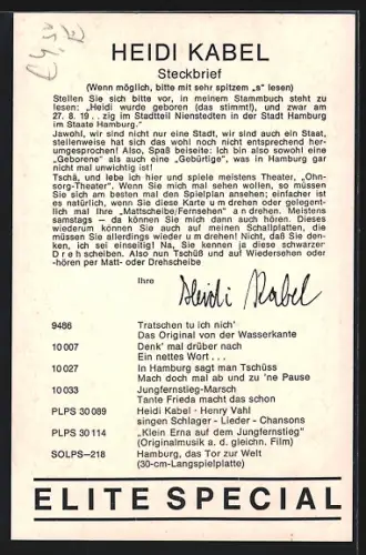 AK Heidi Kabel lächelt, Autograph