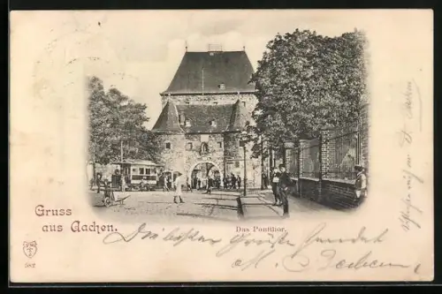 AK Aachen, Pontthor mit Strassenbahn