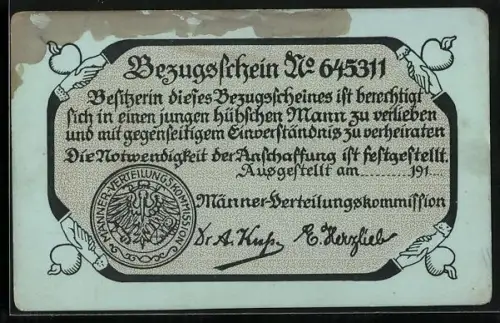 AK Bezugschein der Männer-Verteilungskommission, Besitzerin dieses Bezugsscheines ist berechtigt...