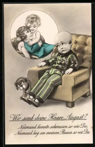 AK Kind mit Glatze sitzt auf Sessel, Mädchen schmust mit Jungen