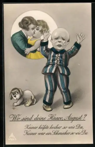 Künstler-AK Junge mit Halbglatze vermisst seine Ex-Freundin