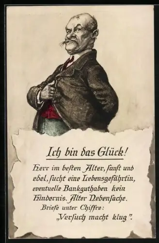 Scherz-AK Älterer Herr such mit Hilfe der Zeitung nach einer Partnerin