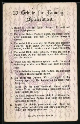 AK 10 Gebote für Rummy-Spielerinnen, Scherz-Karte