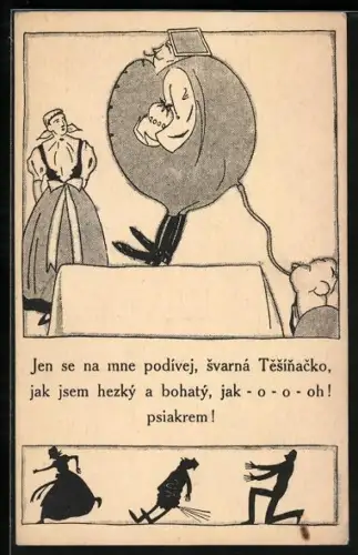 Künstler-AK Mann wird aufgepusted um eine Frau zu beeindrucken