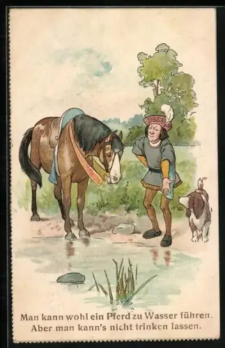 Lithographie Mann in mittelalterlicher Kleidung versucht ein Pferd zum Trinken zu bewegen