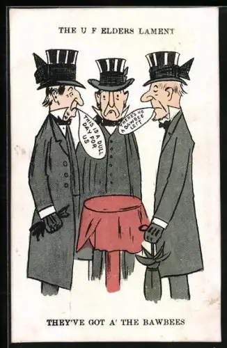 AK Drei ältere Männer stehen um einen Tisch, The U F Elders Lament