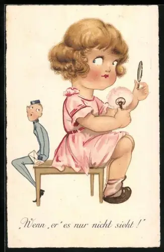 Künstler-AK Mädchen schminkt sich, hinter ihr sitzt ein kleiner Postbote