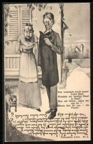 Lithographie Älteres Paar steht mit ihrem Hund vor ihrem Haus, Fest verknüpft durch unsrer Liebe Band...