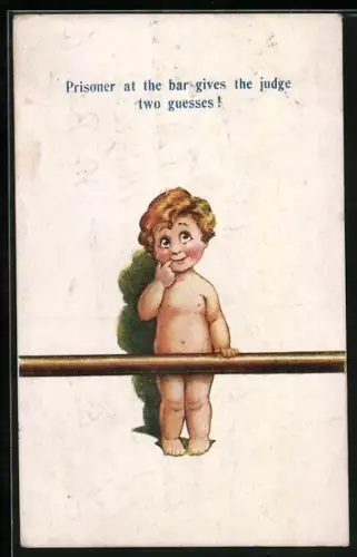 AK Kind steht nackt hinter einer Stange, Prisoner at the bar gives the judge two guesses