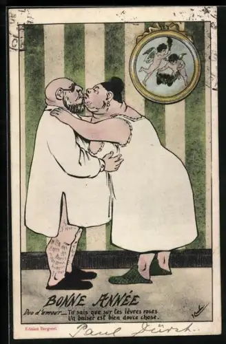 AK Älteres Paar küsst sich in Nachtwäsche, Duo d`amour