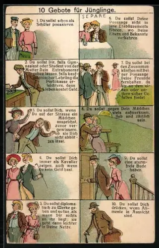 Künstler-AK 10 Gebote für Jünglinge, 1. Du sollst schon als Schüler poussieren...
