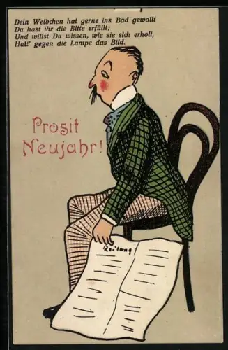 Künstler-AK Mann sitzt auf einem Stuhl mit Zeitung in der Hand, Frau mit anderem Mann im Gegenlicht