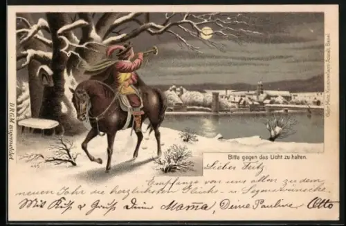 Lithographie Der Trompeter von Säckingen zu Pferd, Behüt dich Gott im Gegenlicht, Halt gegen das Licht